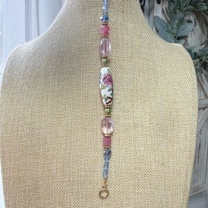 Artisan Made Handpainted porcelain beaded bracelet w/crystal & strawberryquartz